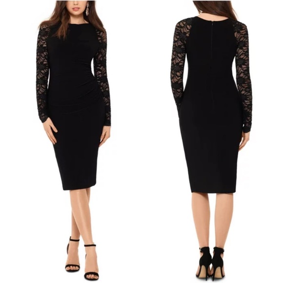H&M • Black Lace Sheer Long Sleeves Zippered Back Keyhole Midi Evening Dress - Picture 3 of 13